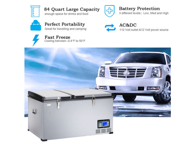 84-Quart Portable Electric Car Cooler Refrigerator / Freezer Compressor Camping - Black + Gray