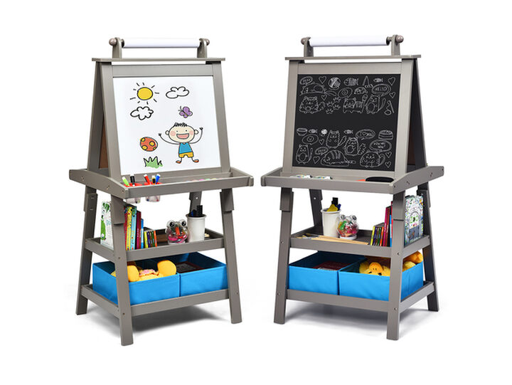 Costway 3 in 1 Double-Sided Wooden Kid's Art Easel Whiteboard Grey