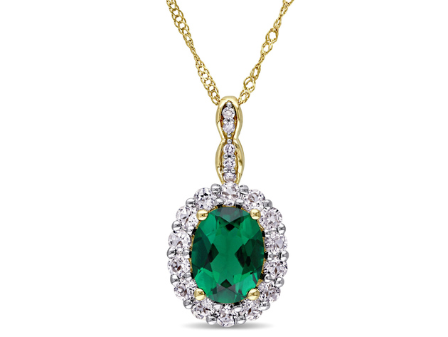 Lab Created Emerald and White Topaz Drop Pendant Necklace 1 5/8 Carat (ctw) in 14K Yellow Gold with Chain