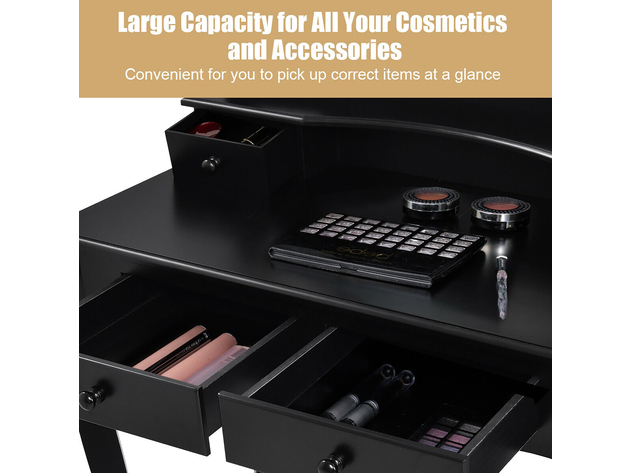 Costway Vanity Makeup Dressing Table Set W/Stool 4 Drawer&Mirror Jewelry Wood Desk Black