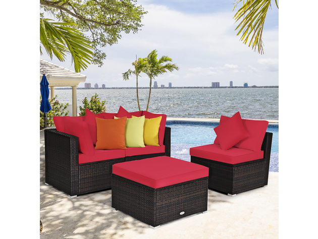 Costway 4 Piece Patio Rattan Wicker Furniture Set Cushioned Sofa Ottoman Garden - Red