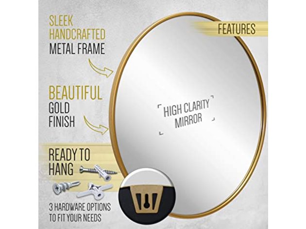 HBCY Round Wall Mirror for Entryways, Washrooms, Living Rooms - 24", Gold (Refurbished, No Retail Box)