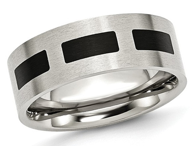 Mens 8mm Stainless Steel Comfort Fit Wedding Band with Black Accent - 13