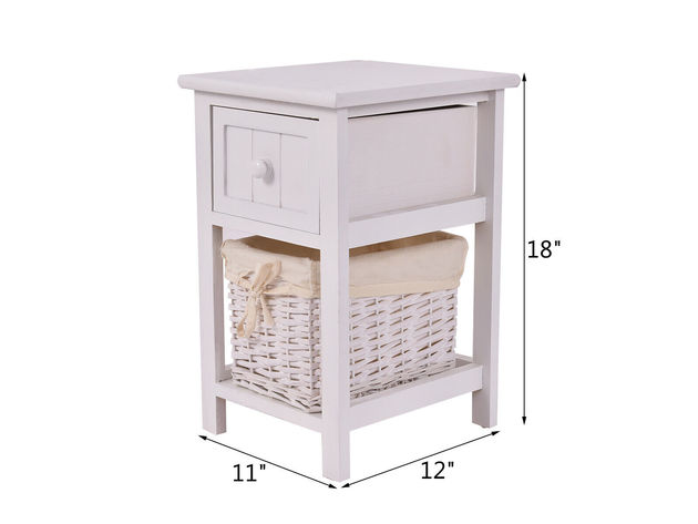 Costway Set of 2 Mini Night Stand 2 Layer 1 Drawer Bedside End Table Organizer Wood W/Basket - White
