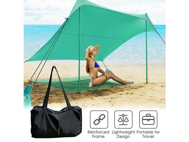 Costway Family Beach Tent Canopy w/ 4 Poles Sandbag Anchors 7'x7' UPF50+ - Green
