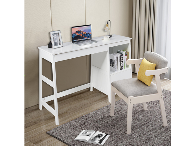 Costway 47.5'' Computer Desk Trestle Desk Writing Study Workstation w/ Shelf & 2 Drawers - White