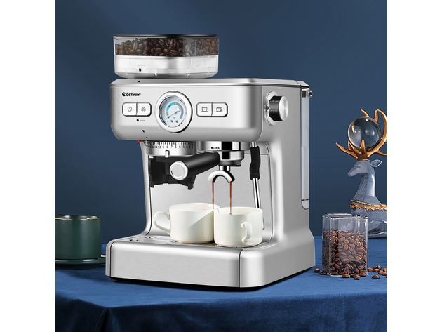 Costway Espresso Cappucino Machine Coffee Maker Stainless Steel w/ Grinder & Steam Wand - Silver