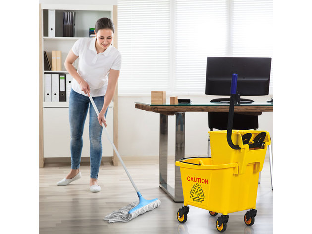 Costway Commercial Mop Bucket Side Press Wringer on Wheels Cleaning 26 Quart Yellow