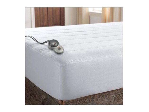 Sunbeam Thermofine Quilted Striped Heated Electric Warming Mattress Pad King Size Auto Shut Off 10 Heat Settings - White