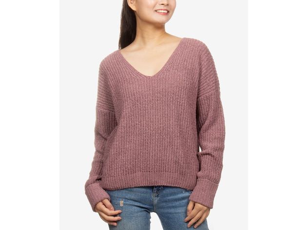 Hippie Rose Juniors' V-Neck Chenille Sweater Pink Size Large