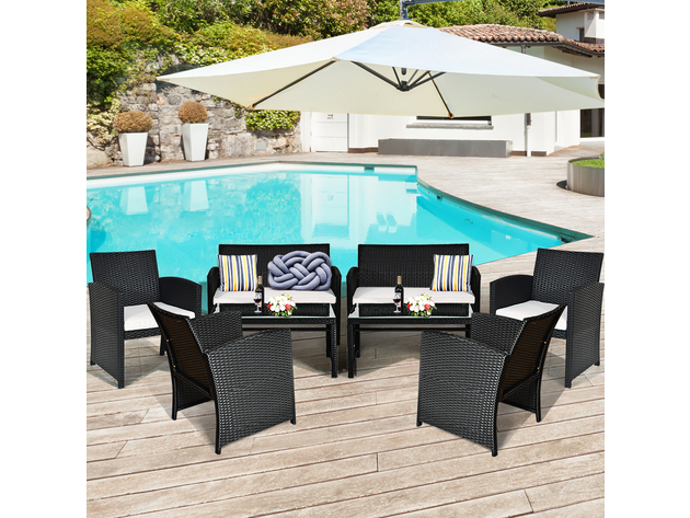 Costway 8 Piece Patio Rattan Furniture Conversation Set Cushioned Sofa Table Garden Black