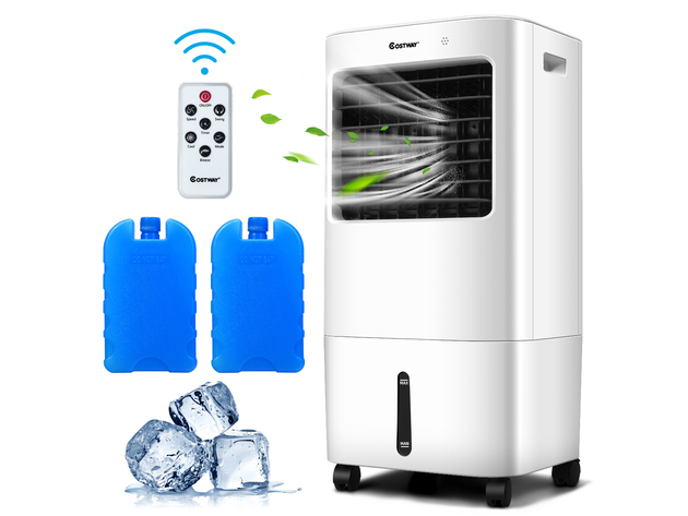 Costway Evaporative Portable Air Cooler Fan & Humidifier w/ Remote Control 7.5 Timer - White + Black