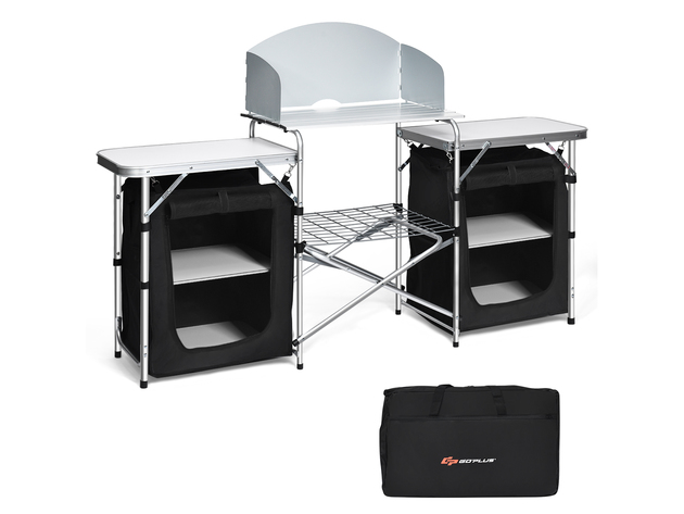 Goplus Folding Portable Aluminum Camping Grill Table w/ Storage Organizer Windscreen 