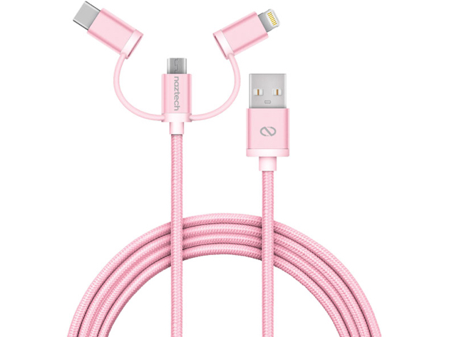 Naztech Braided 3-in-1 Hybrid USB Cable for USB-C, Lightning, and Micro USB devices (Rose Gold)