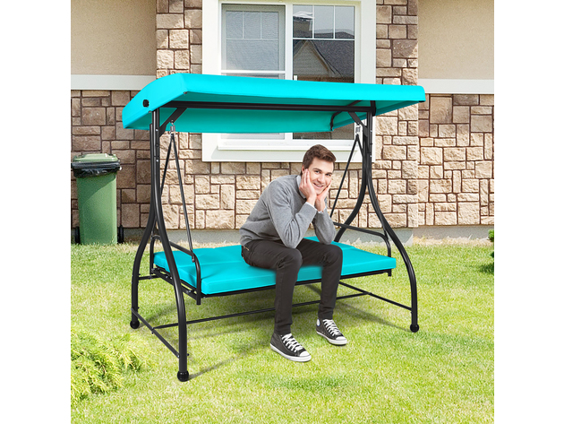 Costway Converting Outdoor Swing Canopy Hammock 3 Seats  Patio Deck Furniture Turquoise - Black/Turquoise