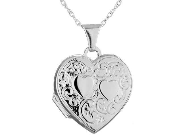 Heart Locket Necklace in 14K White Gold with Chain