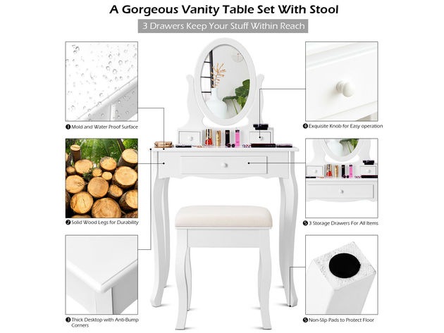 Costway White Vanity Table Jewelry Makeup Desk Bench Dresser Stool 3 Drawers - White