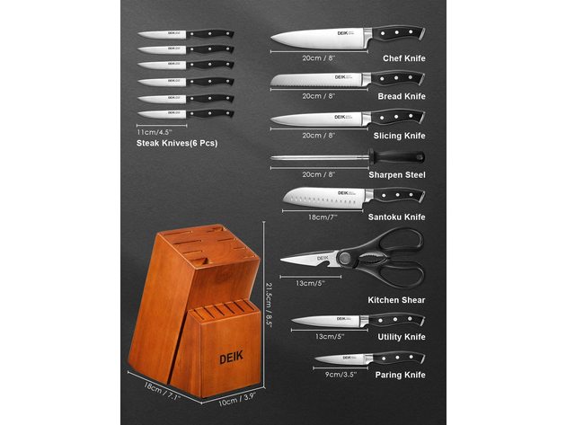 DEIK Knife Set, Upgraded Stainless Steel Kitchen Knife Set 15PCS for Anti-rusting, Super Sharp Carving Knife Set with Ergonomic Handle in Hardwood Block