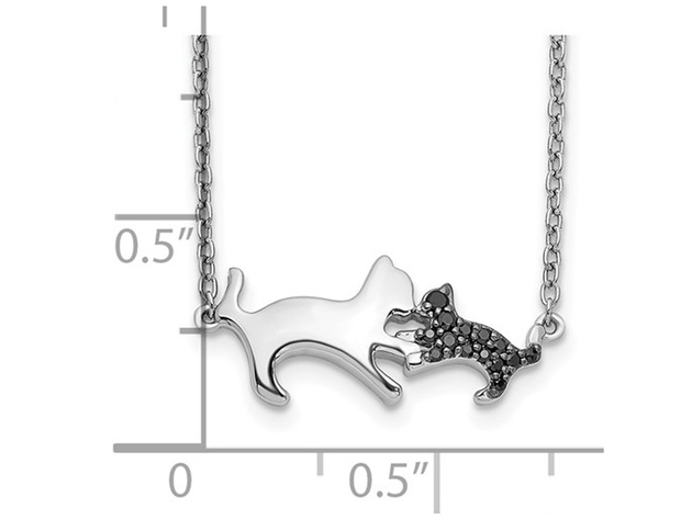 Mother and Baby Kitten Charm Necklace in 14K White Gold with Black Diamonds Accents