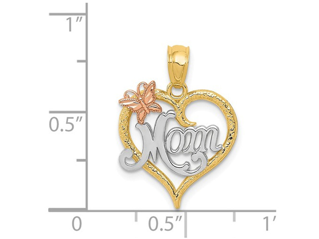 MOM Heart Butterfly Pendant Necklace in 14K Yellow and White Gold