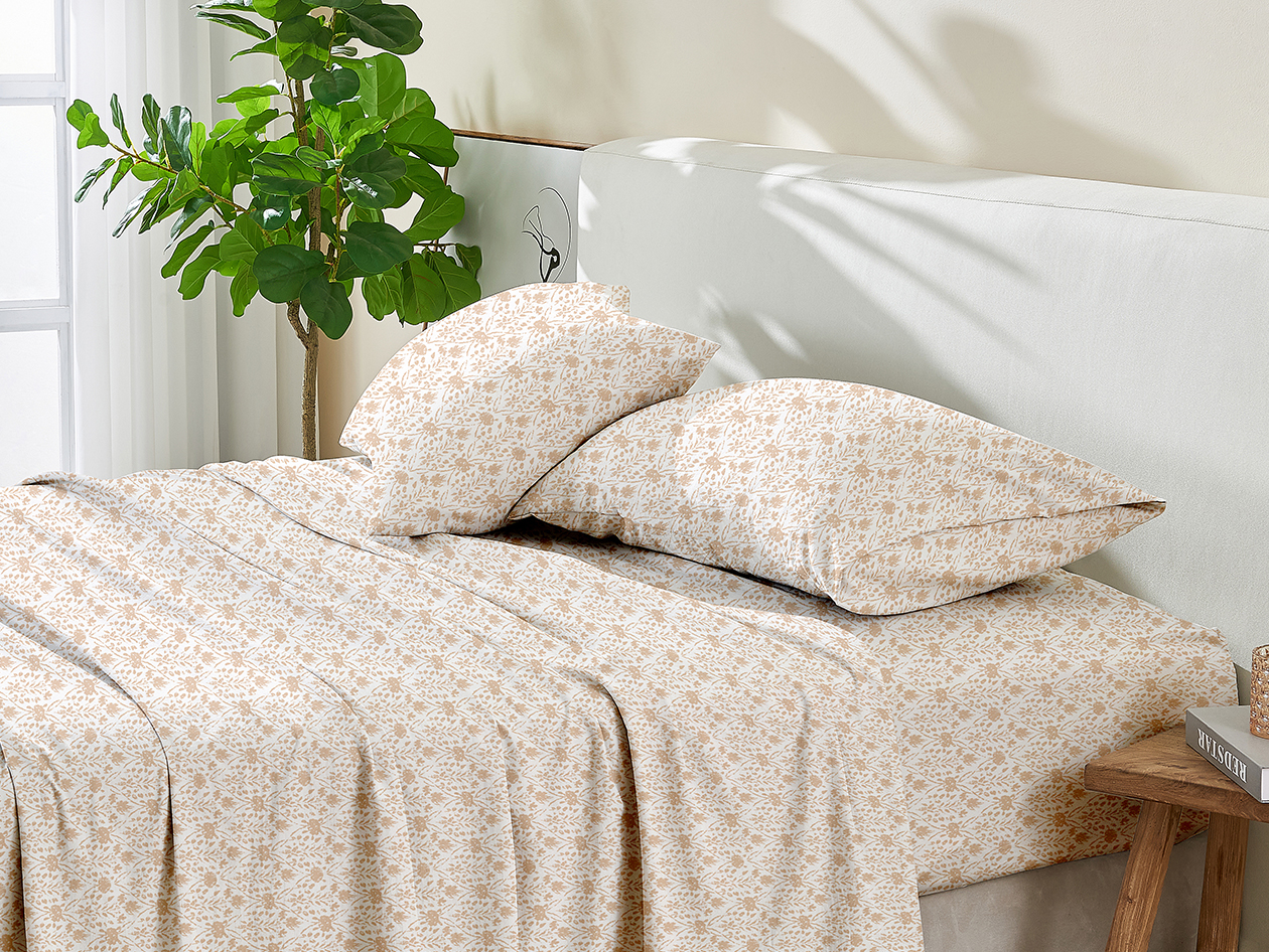 4-Piece Floral Print Microfiber Sheet Set (Diamond Taupe/Full)