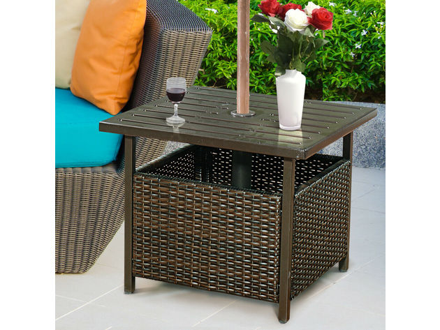 Costway Brown Rattan Wicker Steel Side Table Outdoor Furniture Deck Garden Patio Pool Brown