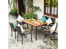 Costway 6 PCS Patio Rattan Dining Set Acacia Wood Table Stackable Chair Bench - Brown