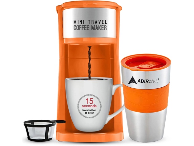 AdirChef Mini Travel Single Serve Coffee Maker & 15oz Travel Tumbler (Orange)
