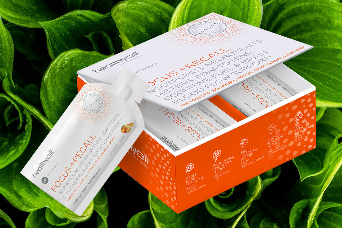 A box of healthycell Focus+Recall, with a green leafy background