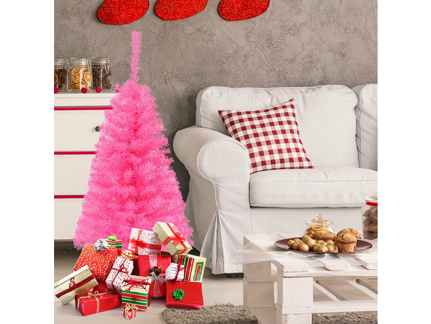 3 Foot Premium Mini Artificial Christmas Tree Pink w/ Plastic Stand