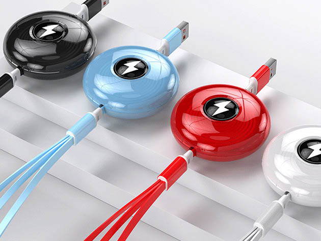 3-in-1 Retractable USB-C, Micro USB & Lightning Charging Cable (Red)
