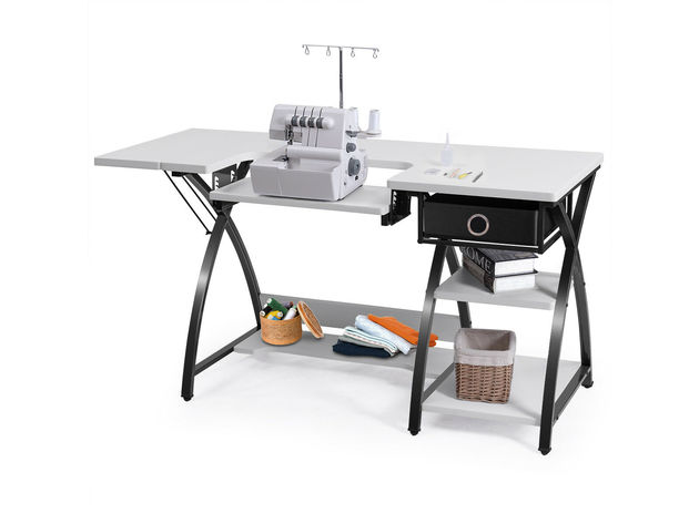 Costway Sewing Craft Table Folding Computer Desk Adjustable Platform w/ Drawer & Shleves - White