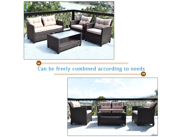 Costway 4 Piece Outdoor Rattan Furniture Set Cushioned Sofa Armrest Table