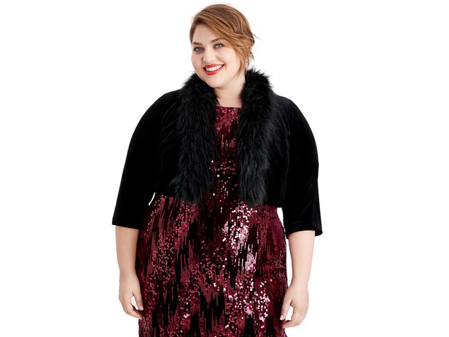 Jessica Howard Women's Plus Size Velvet Faux-Fur-Trim Shrug Black Size 2 Extra Large