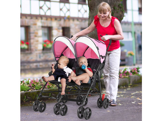 Baby-joy Foldable Twin Baby Double Stroller Kids Ultralight Umbrella Stroller Pushchair - Pink