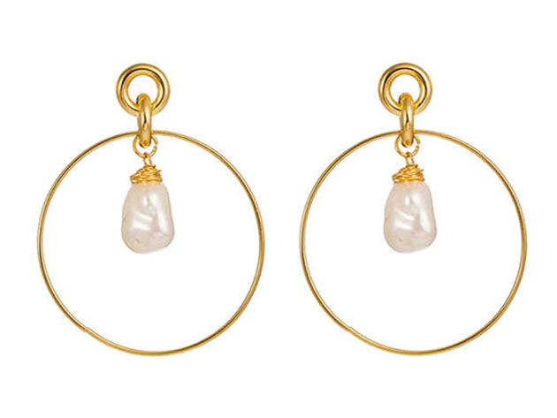 Drop Hoop Earrings Gold Plated with Simulated Pearl Drop