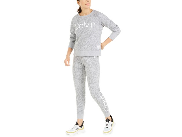 Calvin Klein Women's Performance Animal-Print Logo Sweatshirt Gray Size Small