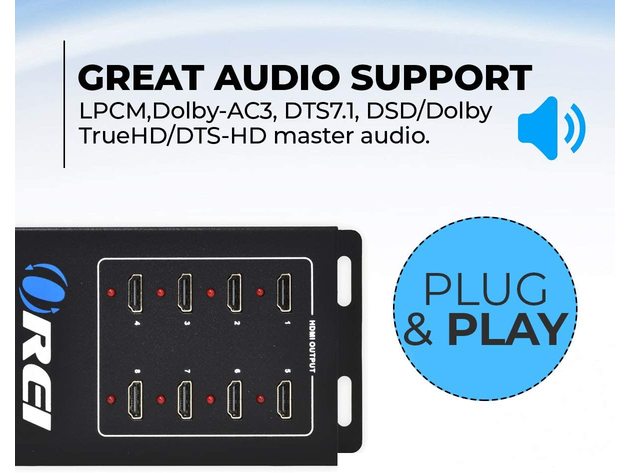 OREI HD-108 1x8 8 Ports HDMI Powered Splitter for Full HD 1080P &amp; 3D Support (One Input To Eight Outputs)