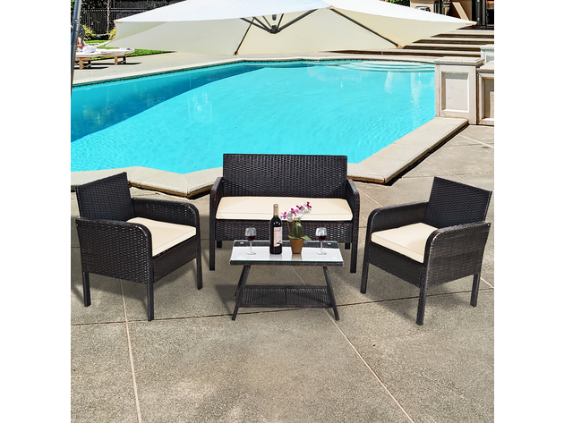 Costway 8 Piece Patio Rattan Wicker Furniture Set Conversation Sofa Bench Cushioned - White