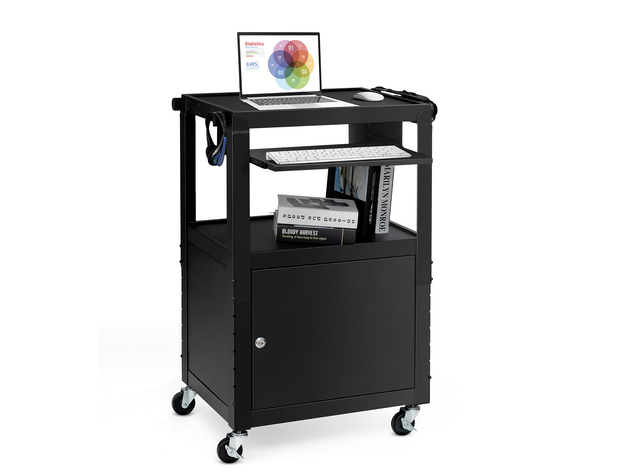 Costway Mobile Steel AV Presentation Cart Adjustable Height w/ Locked Cabinet & Keyboard - Black