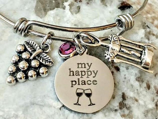 Hand-Stamped Wine Charm Bracelet with Swarovski Crystal