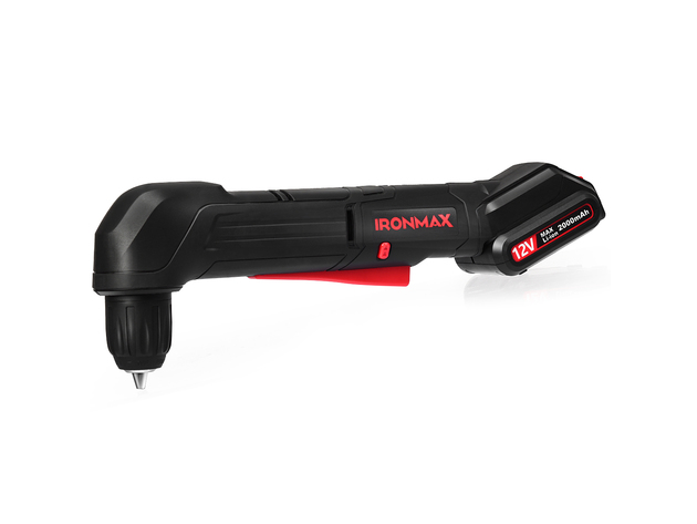 IRONMAX 12V 3/8'' Cordless Right Angle Drill/Driver Kit w/2.0Ah Lithium Battery & Charger - Black + Red 