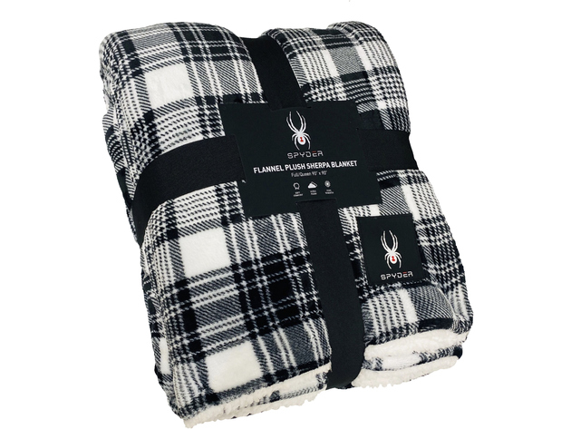 Spyder Sherpa Lined Flannel Ultra Plush Bed Blanket Interwoven Strength - Twin 60"x90" Black+White