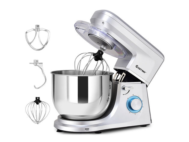 Costway Tilt-Head Stand Mixer 7.5 Quart 6 Speed 660W w/Dough Hook, Whisk & Beater Silver