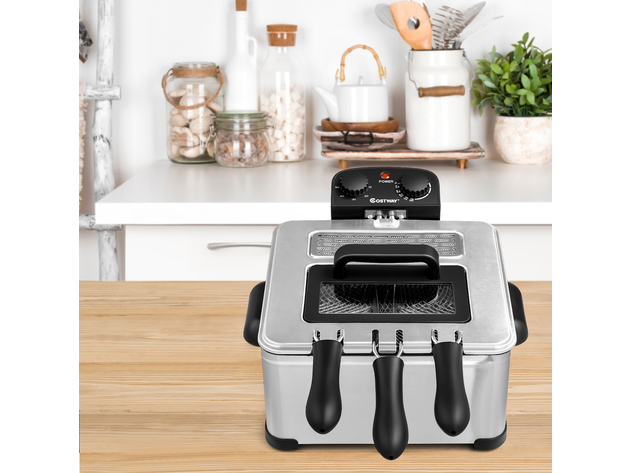 Costway Electric Deep Fryer 5.3QT/21-Cup Stainless Steel 1700W w/ Triple Basket - Black/Silver