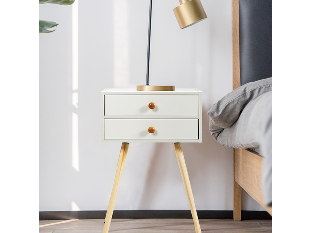 Costway 2PC Mid Century Modern 2 Drawers Nightstand In White Sofa Side Table End Table - White