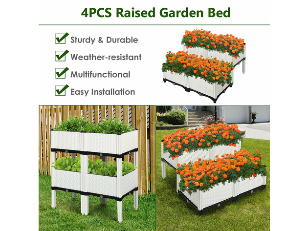 Costway Set of 4 Raised Garden Bed Elevated Flower Vegetable Herb Grow Planter Box - White