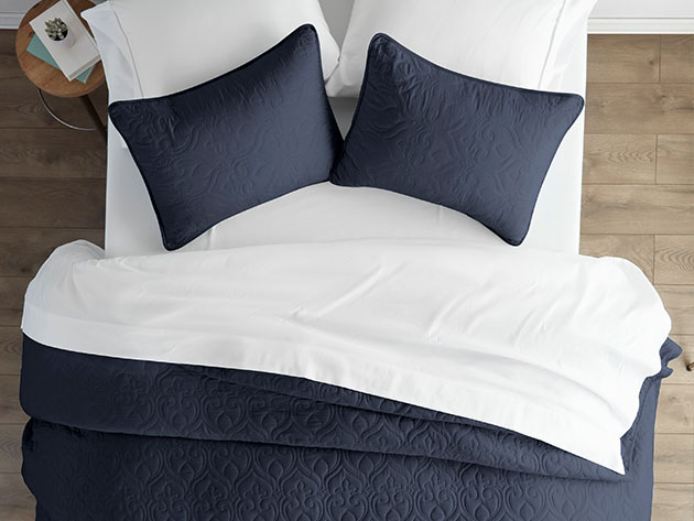 Home Collection Ultra Soft Damask Quilted Coverlet 3-Piece Set (Queen/Navy)
