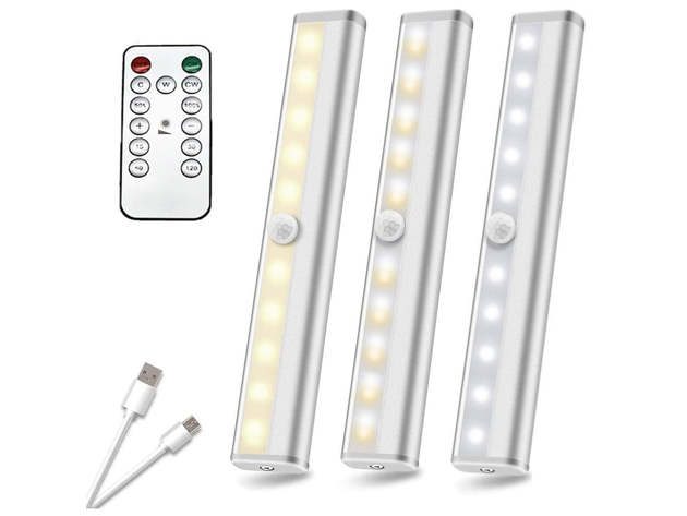 3-Pack LED USB Rechargeable Wireless Sensor Light with Remote