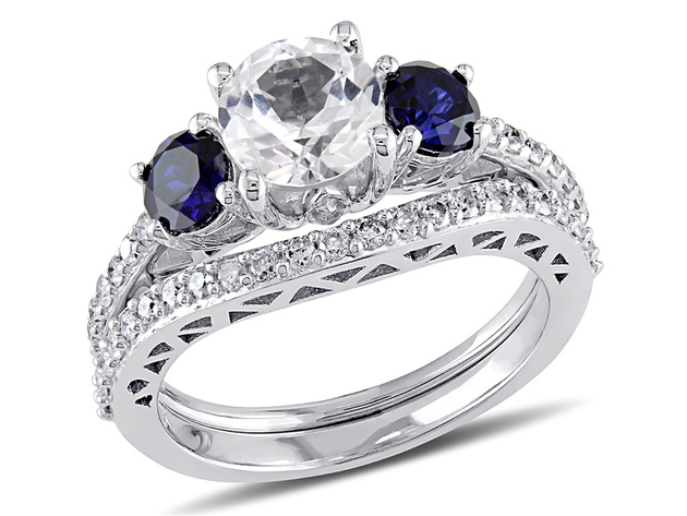 Created White & Created Blue Sapphire 2 Carat (ctw) with Diamond 1/3 Carat (ctw) Engagement Ring and Bridal Wedding Set 10K White Gold - 10